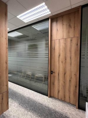 Frameless double glassed partition with door